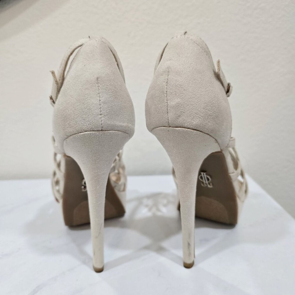 Jennifer Lopez ✦ Nude Suede Studded Cutout Platform Heels ✦ Ankle Strap 6 - Picture 4 of 12